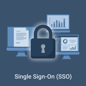 Single sign-on security concept with lock and computers Vector