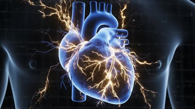 Anatomical glowing human heart with electric blue energy pulses.