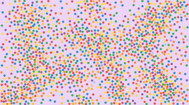 Colorful vector illustration of vibrant rainbow nonpareils candy sprinkles scattered playfully across a soft pastel lilac surface creating a joyful sweet confectionery pattern for commercial food