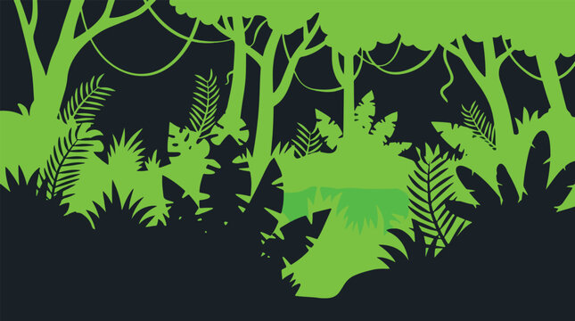 Vibrant green jungle silhouette with lush foliage and hanging vines against a dark background.