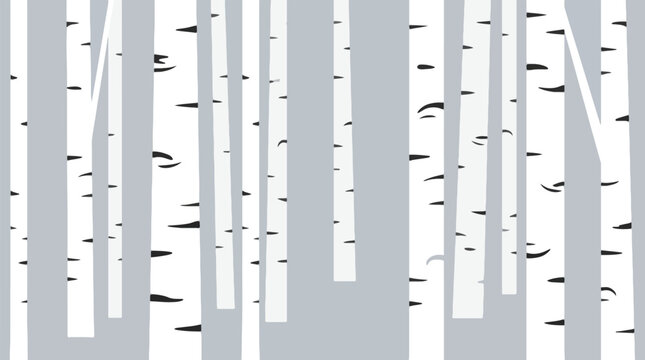 Abstract pattern of white birch trees with black markings against a soft grey background, creating a minimalist forest scene.