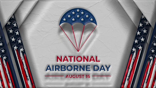 National airborne day animation concept with parachute and american flag elements on white crumpled paper texture background.