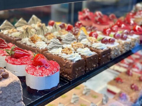 cupcakes and Turkish sweets on a tray in shop