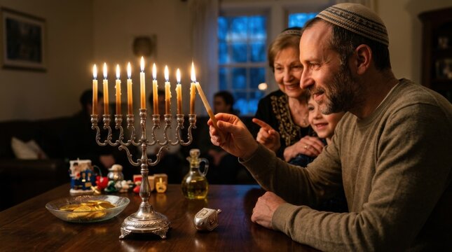 Close up view of family hands lighting candles on a silver Hanukkah menorah on a dining table