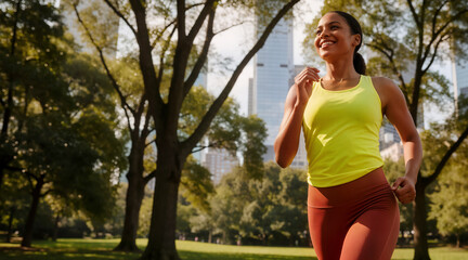 Fototapeta premium Happy athletic woman jogging through a sunny city park with skyscrapers in the background during a vibrant morning workout session