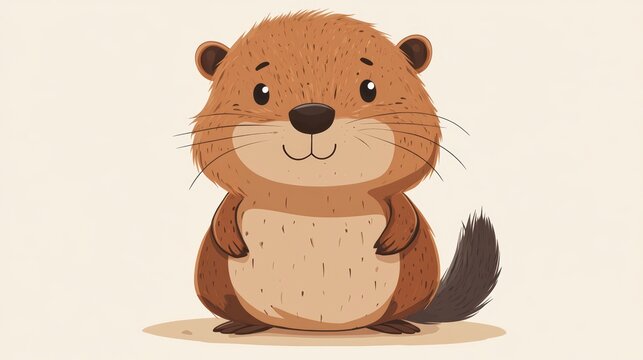 Adorable cartoon woodchuck illustration, standing, smiling, brown fur.