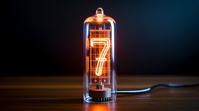 Glowing vintage vacuum tube displaying number seven on dark background