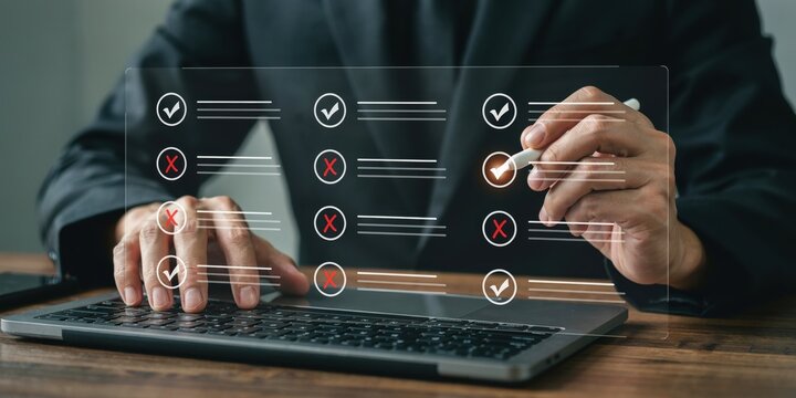 Businessman checking survey form with checkbox, filling online questionnaire, selecting answer on digital screen.