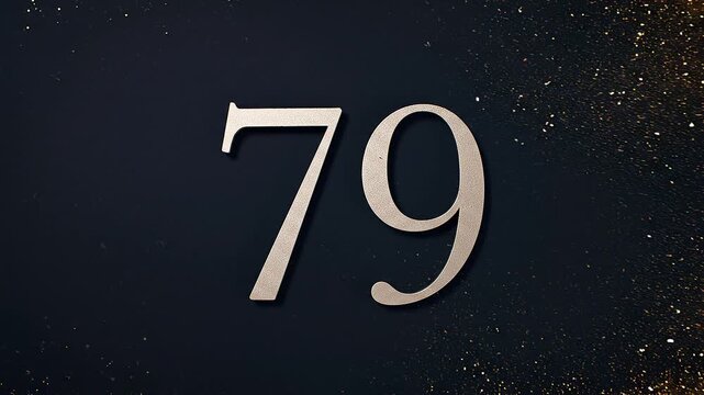 Gold Glitter Blow‑Away Reveal of Number 79 on Solid Background