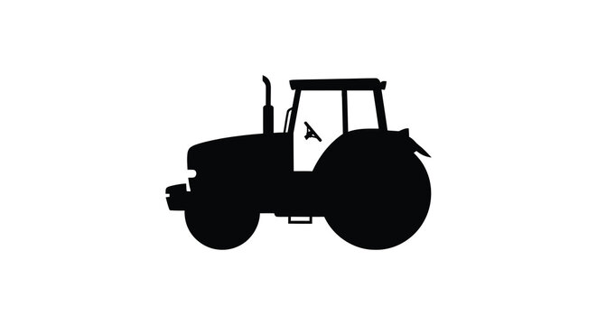 Farm tractor side view a black silhouette against a white background