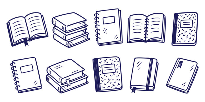 notebook collection and stack of books open textbook school library diary student stationary doodle icon set vector illustration