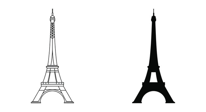 Eiffel tower depictions in line drawing and black silhouette paris france