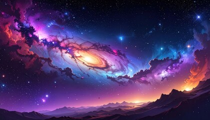 Fototapeta premium Vibrant Spiral Galaxy Over Cosmic Landscape