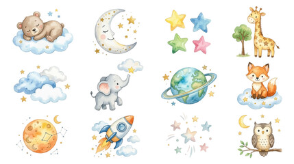 Watercolor baby nursery space elements with cute pastel animals. Collection of Vector illustrations for invitation, card, poster, banner, decoration © maria