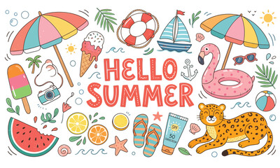 Fototapeta premium Vibrant hello summer illustration with beach and tropical elements on first day of summer