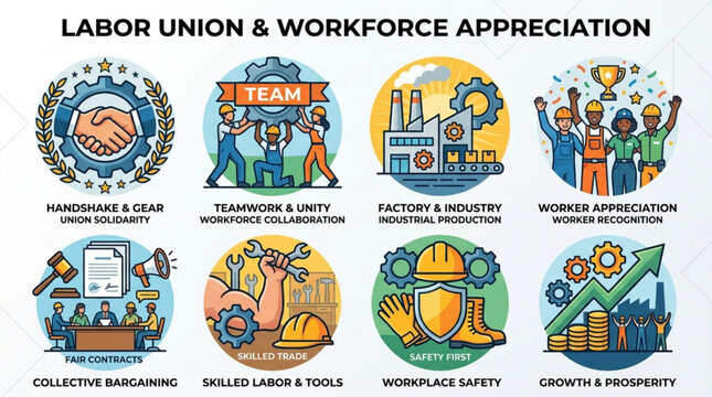 Labor union and workforce appreciation icon set featuring industrial workers safety gear teamwork with displays collection colorful circular illustrations representing labor unions