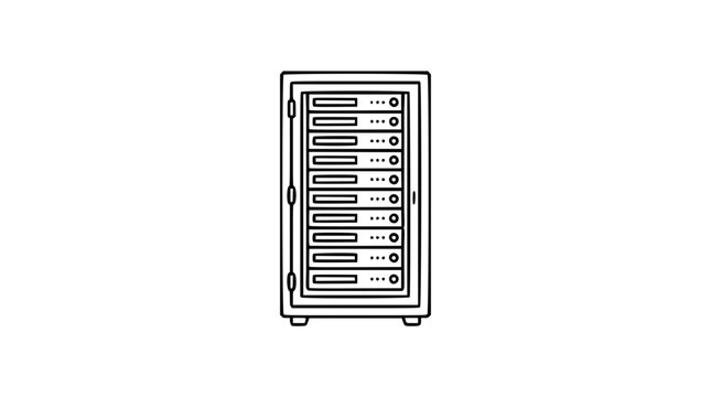 Tall data cabinet server rack vector illustration with clean hand-drawn outline, minimalist technology icon for hosting equipment, network storage, cloud infrastructure and scalable SVG design
