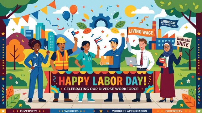 Colorful illustration of diverse professionals celebrating labor day with banners flags and confetti in a vibrant urban park with group professionals