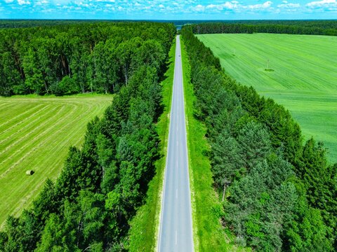 Aerial view of rural road bordered by lush green forests and open fields