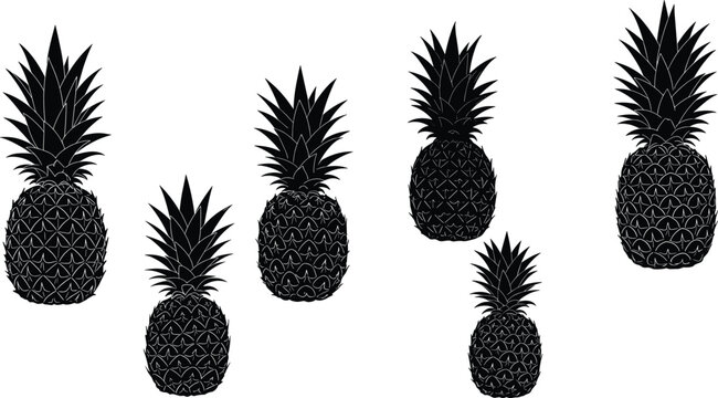 Six black pineapple silhouettes isolated on white background, tropical fruit vector collection, minimal exotic design, summer illustration for print and decor
