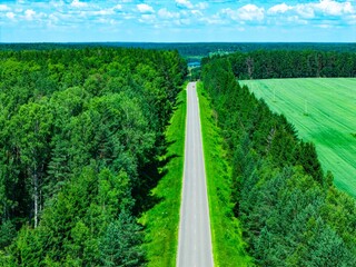 Naklejka premium Aerial view showcasing a long winding road bordered by lush green forests and fields