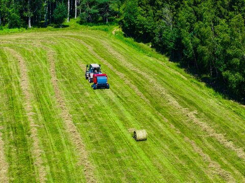 Tractor harvesting hay bales on green farmland under bright sunlight in summer season