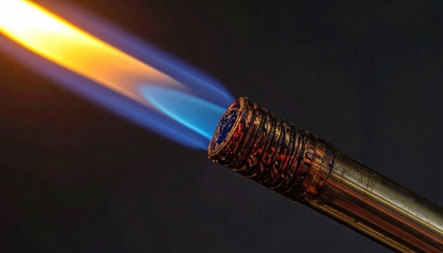 Close-up of a gas torch flame, intense blue and yellow fire on a dark background
