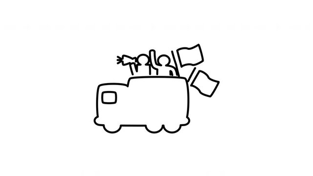 Minimalist outline animation of a political activist campaign pick up truck carrying flags drawing on and fading out. Features a clean pop up style in 3 color setups.