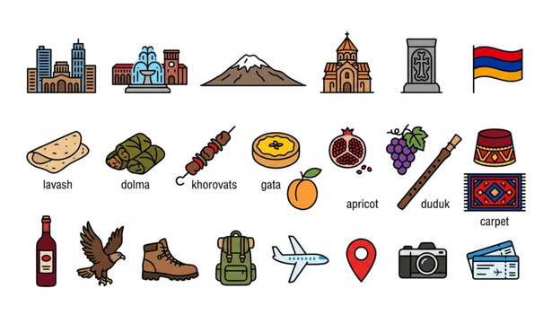 Armenia culture and travel line icons set vector illustration