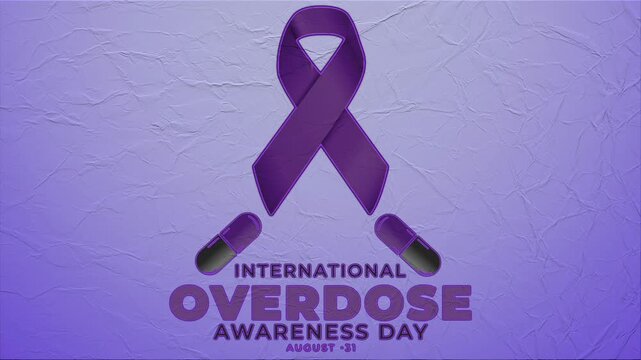 International overdose awareness day animation concept with purple ribbon and medicine capsules on crumpled paper texture background.