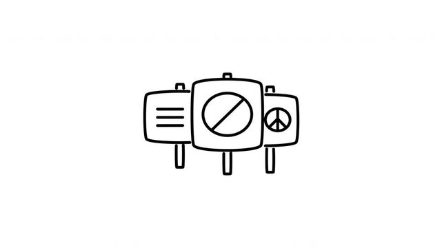 Minimalist outline animation of several public demonstration protest signs and banners standing drawing on and fading out. Features a clean pop up style in 3 color setups.