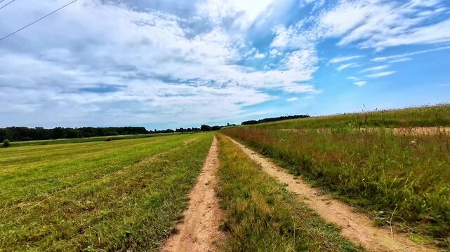 Dirt path dividing lush green fields under a blue sky with scattered clouds