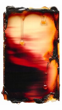 A static macro shot of a heavily burned analog film frame with glossy translucent emulsion slowly flowing downward under gravity.