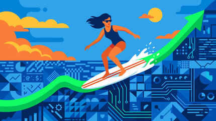 Fototapeta premium Dynamic businesswoman surfing growing green upward arrow chart above abstract digital data ocean with financial charts circuits binary code in vibrant modern technology finance illustration vector