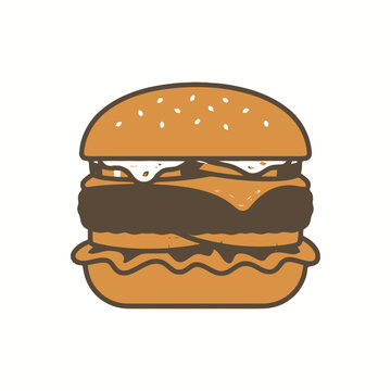 Stylized illustration of a delicious double cheeseburger with sesame seeds on bun.