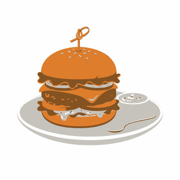 Stylized Double Cheeseburger Illustration with Sauce on Plate