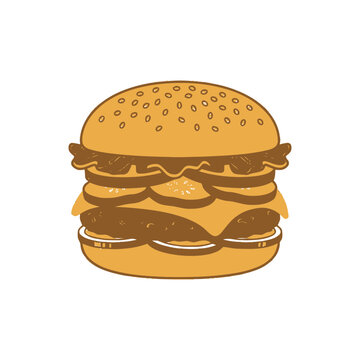 Stylized cheeseburger illustration with double patty, cheese, lettuce, tomato, and onion slices on white background