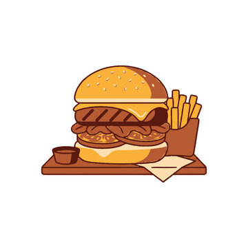 Delicious Double Cheeseburger with Fries and Dip
