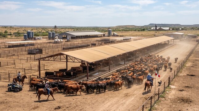 Ranch hands guide a large herd of cattle across a sunlit, dusty corral in Texas. Surrounding structures hint at a busy farming life, while the bright sky adds to the day's energy.