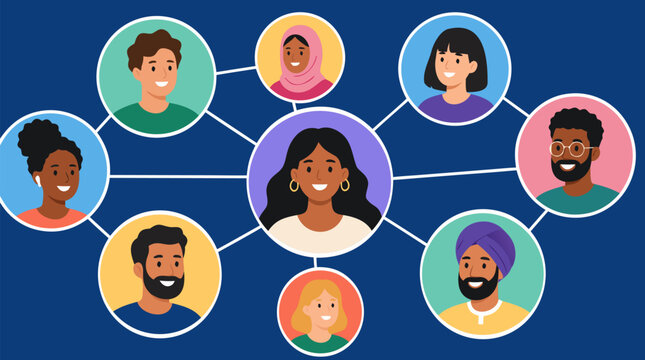 Diverse multicultural professionals connected through modern video call interface with floating circular portrait bubbles linked by lines on deep blue background symbolizing global remote teamwork