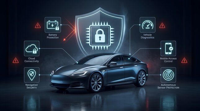 Connected vehicle network security and smart mobility data defense system with digital padlock interface and battery protection