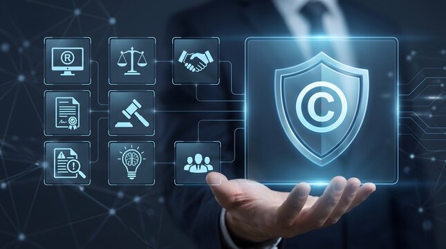 Intellectual property rights protection concept with businessman holding digital copyright shield and legal compliance icons
