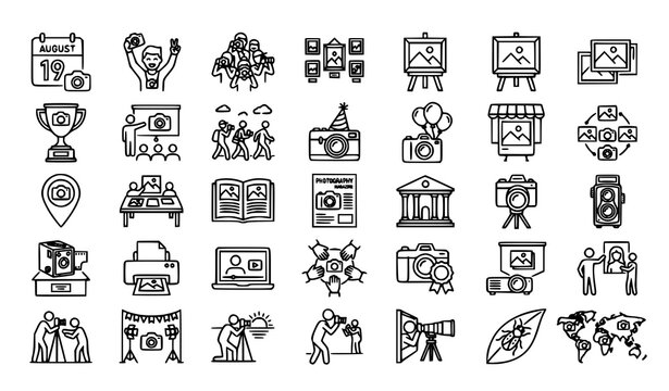 World photography day celebration outline icons | Photographer camera gear tripod editable stroke illustration on white