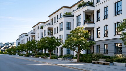 Obraz premium Urban residential complex with white facades and balconies