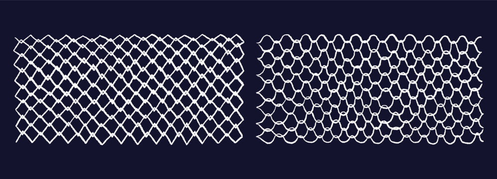 Hand drawn soccer crayon net sketch with goal mesh texture pattern. Doodle style football grid set. Vector geometric white line lattice print creates abstract woven background