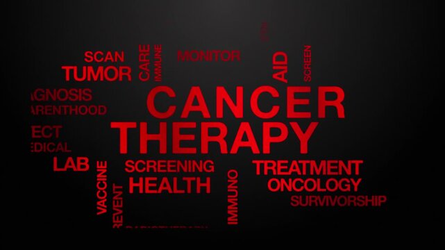 Cancer therapy concept Animated Tag Word Cloud kinetic typography, Text Design Animation typography seamless loop video motion graphics Intro Wordart arrangement red type on black background bg