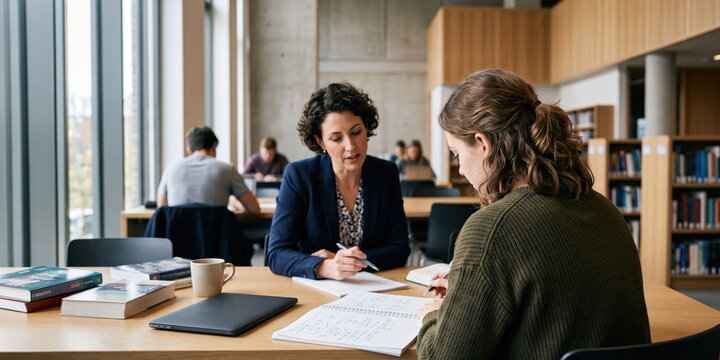 Student and tutor reviewing notes in modern library. Concept of academic mentoring, personalized learning support, university education and successful exam preparation.