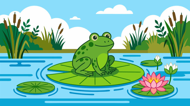 Charming vector illustration of a green spotted frog relaxing on large lily pad surrounded by blooming pink lotus flowers reeds and calm blue summer pond water with lush green vegetation and white