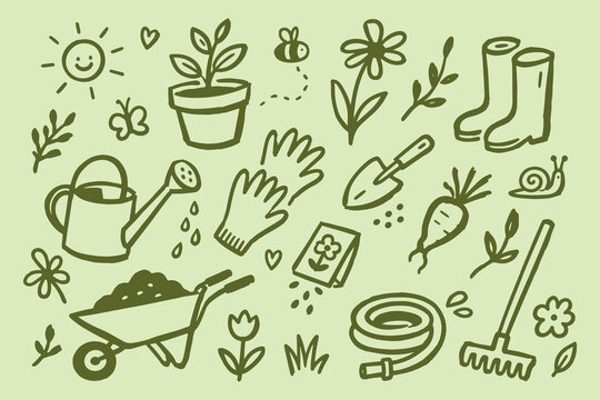 Gardening Tools Set Naive Doodle Vector Illustration