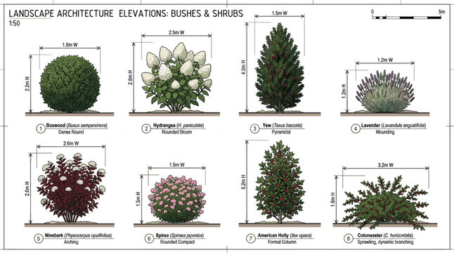Landscape architecture elevations pack with dimensions for garden bushes and shrubs vector